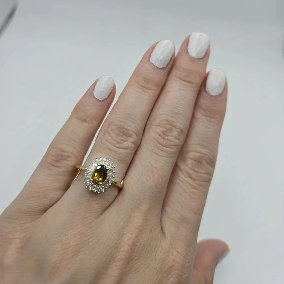 Golden Tanzanite White Zircon Sunburst Ring in 18K Vermeil Yellow Gold Over 925 - Picture 1 of 5